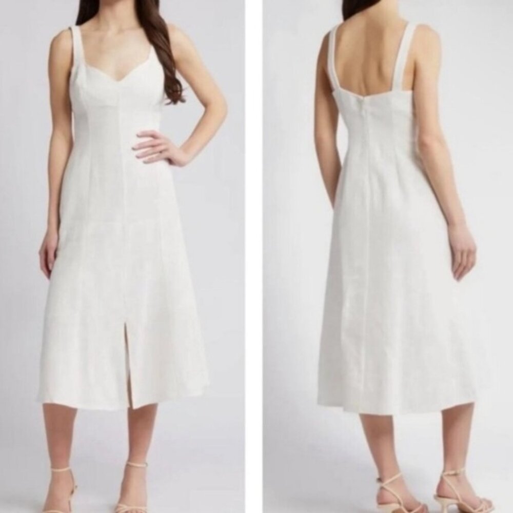 Du Paradis Linen Blend Midi Dress Medium New White Beachy Minimalist Party
